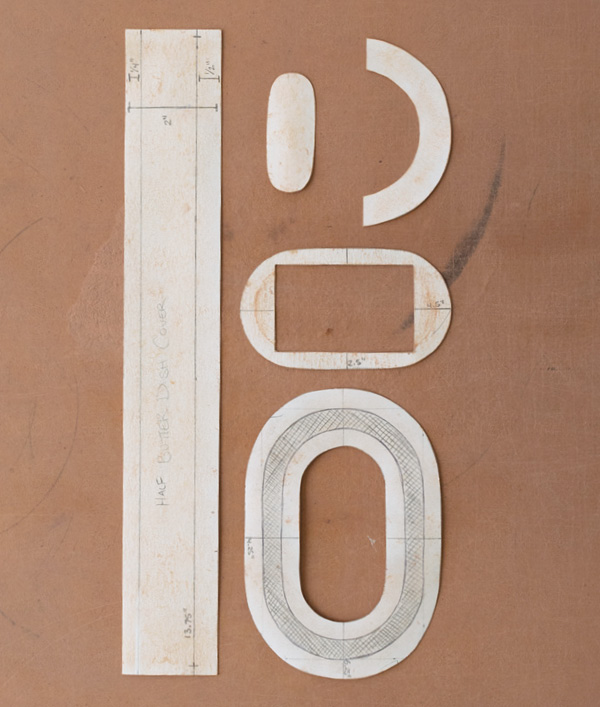 1 Pattern pieces. Left: lid wall. Right (top to bottom): signature plate, foot, butter plate, base.